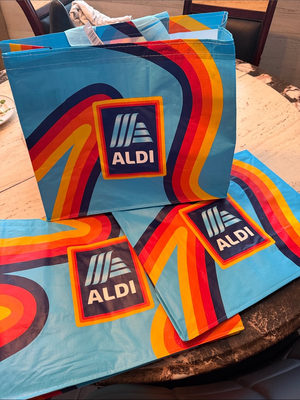ALDI Set of 3 Reusable Tote Bag in Light Blue with Rainbow Accents